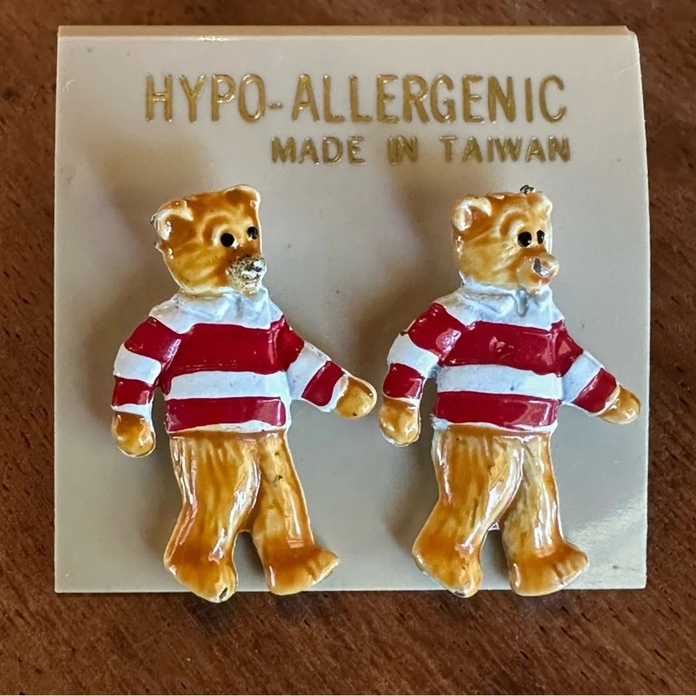 SALE 2/15 Vintage 80's Bear Post Earrings - Red and White Striped Shirt Detail